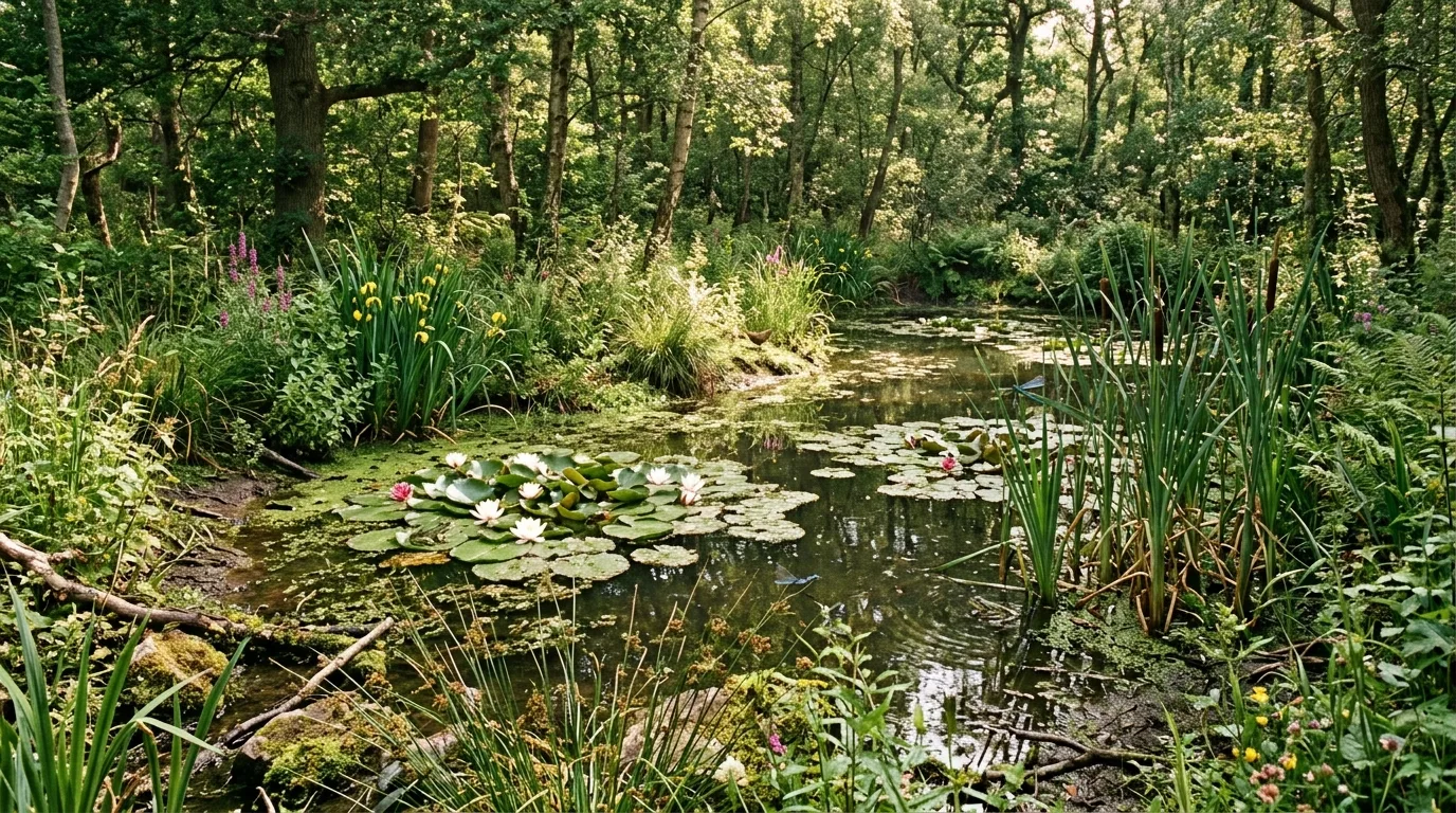 Pond Framed by Shrubs